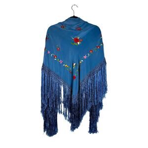 Antique 1920s Piano Shawl Blue Silk Floral Embroidery Fringe Mantón de Manila